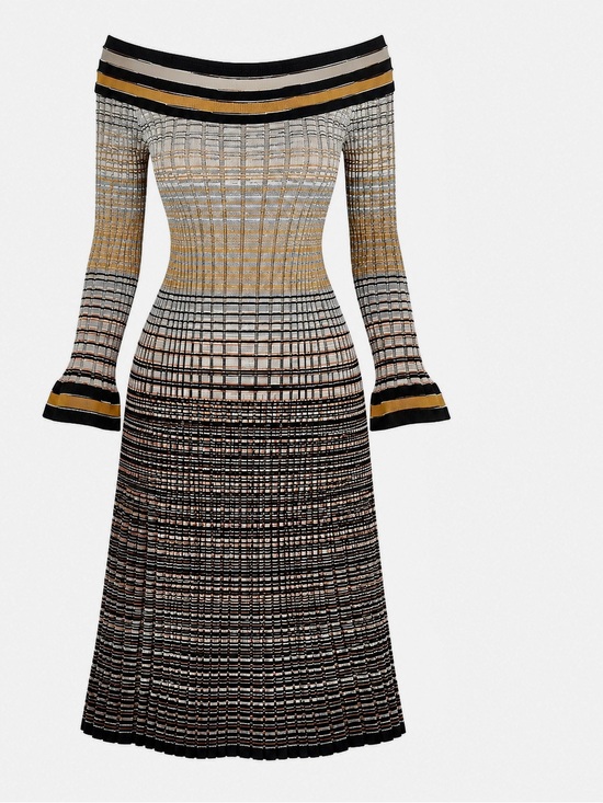 Missoni Dresses & Skirts - MISSONI Fitted Metallic Silver Black Gold Striped Ribbed Knit Midi Dress w Slip